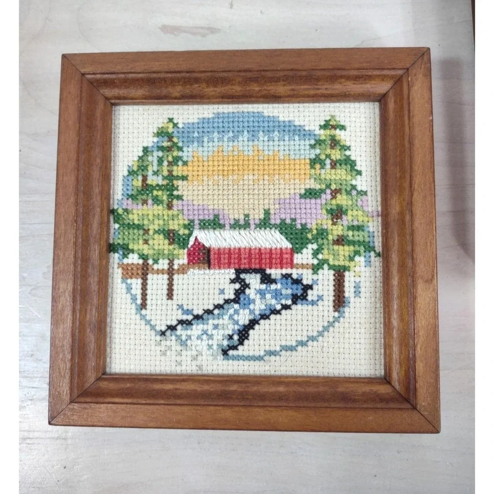 Vintage Completed Cross Stitch Framed Country Seasonal Landscapes Retro Decor